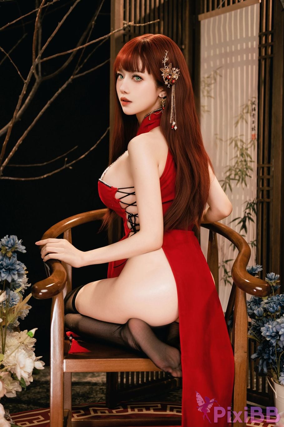 Cosplayer Shika deer new year red cheongsam PixiBB.COM 009