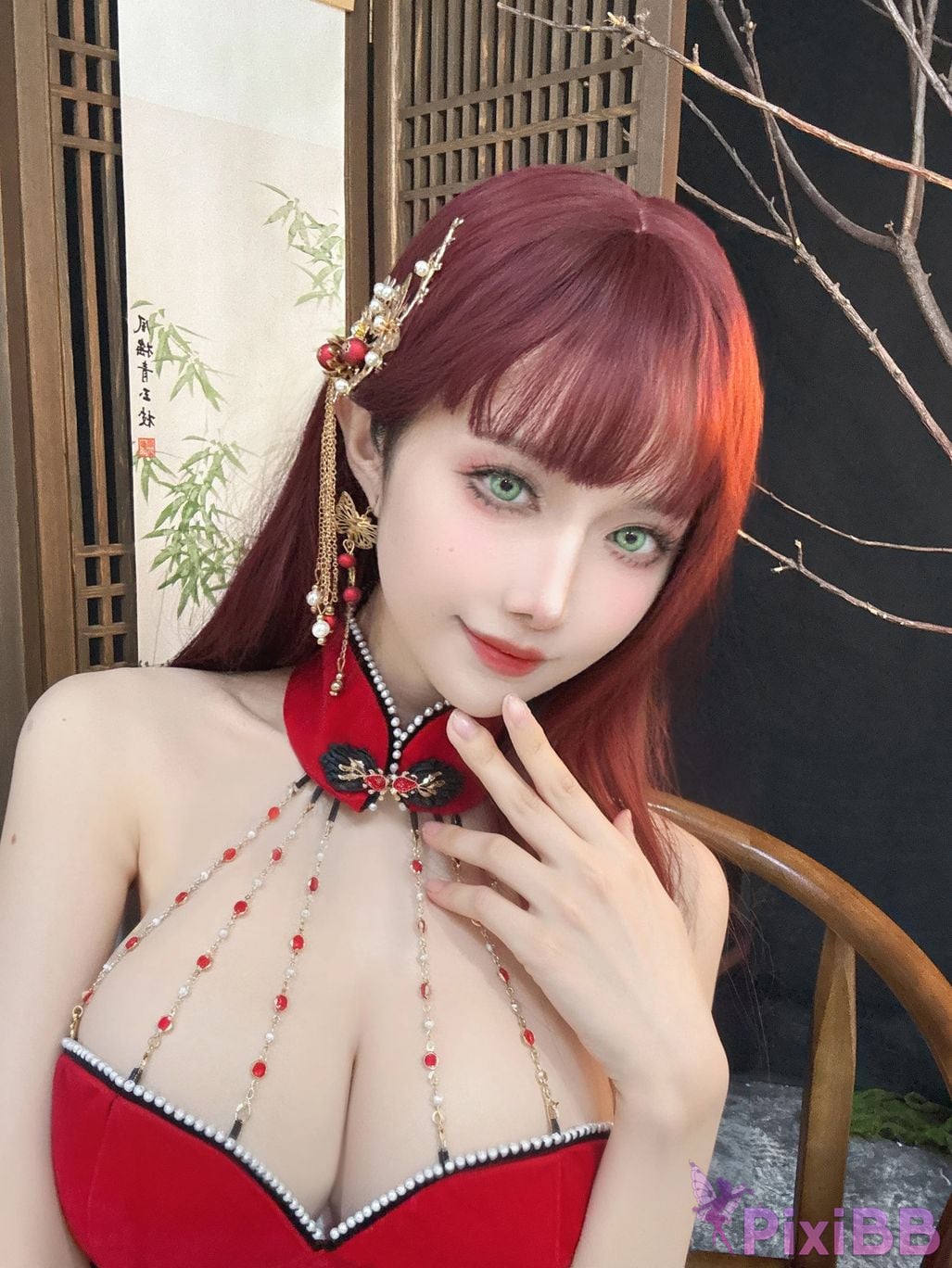 Cosplayer Shika deer new year red cheongsam PixiBB.COM 017