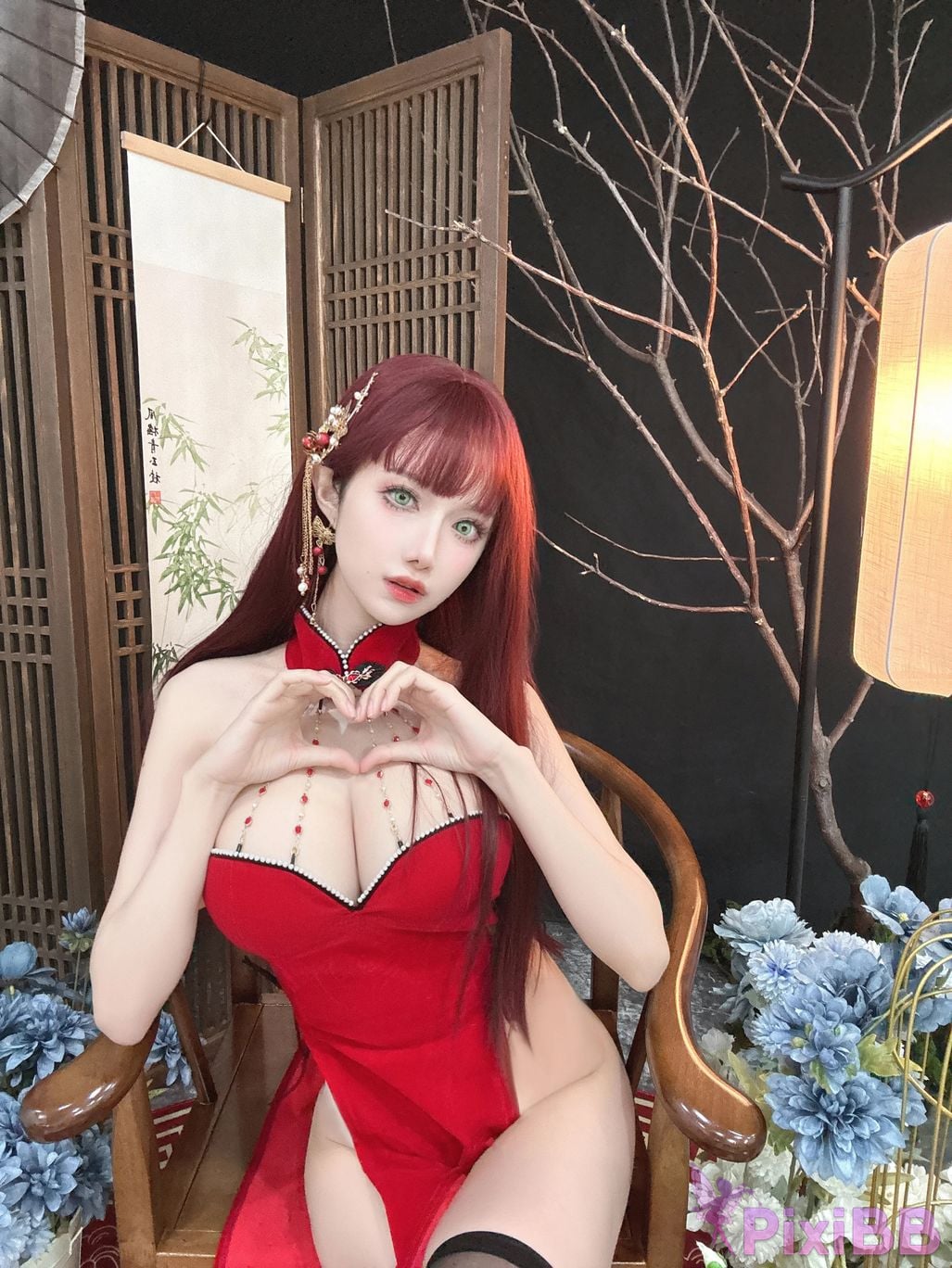 Cosplayer Shika deer new year red cheongsam PixiBB.COM 018