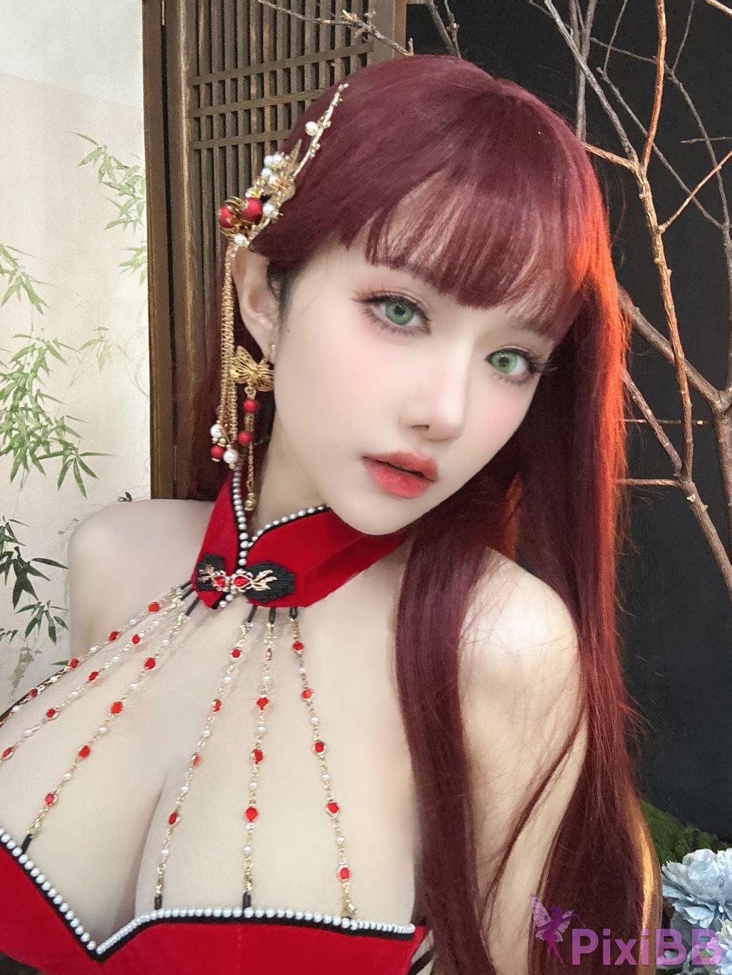 Cosplayer Shika deer new year red cheongsam PixiBB.COM 020