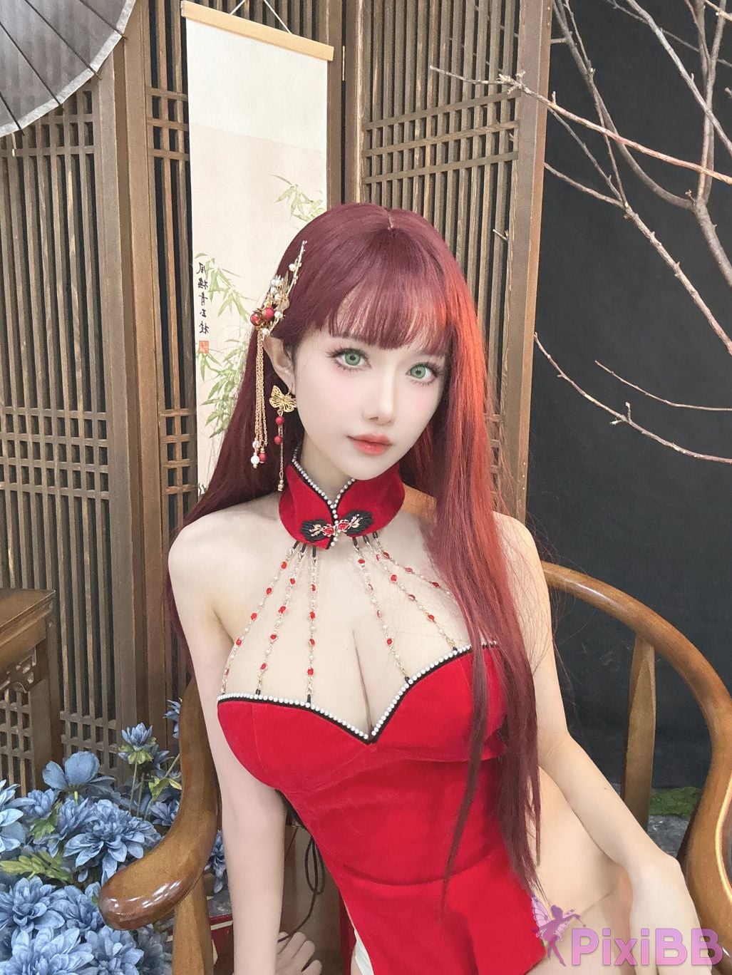 Cosplayer Shika deer new year red cheongsam PixiBB.COM 021