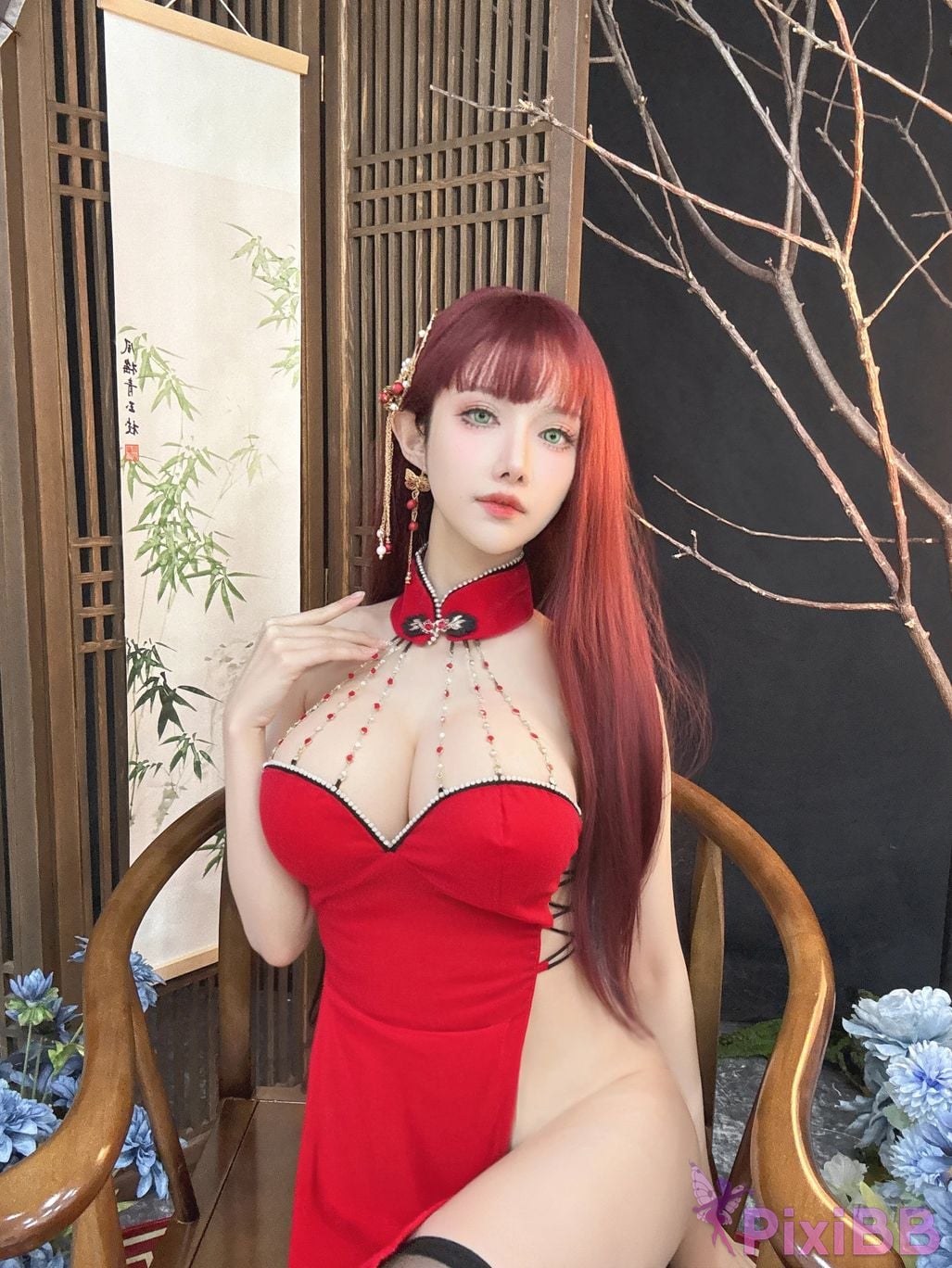Cosplayer Shika deer new year red cheongsam PixiBB.COM 024